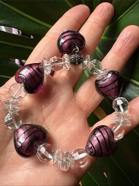 Handblown Murano-Style Purple Heart Glass Bead Stretch Bracelet #245